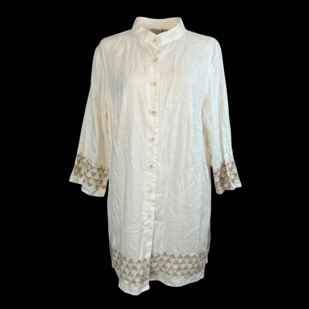 Lucy & Laurel White Linen Tunic Gold Accents Embroidery Size 1X Classic
